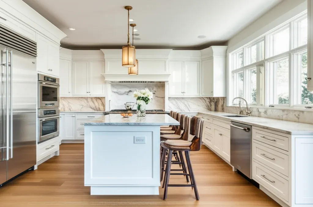 A wide white kitchen with a pale island, a pendant light, stools along one side and built-in ovens against the far wall
