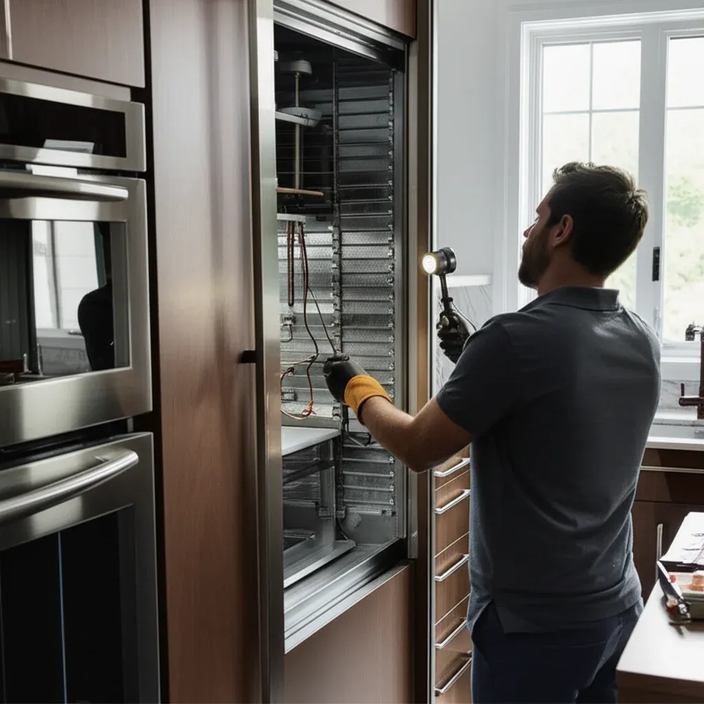 A person holding a small torch into a tall open refrigerator column lined with wire shelves