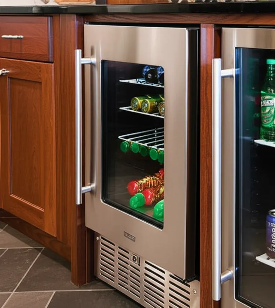 A glass-fronted undercounter cooler set into cherry cabinetry, bottles and cans lit on its wire shelves