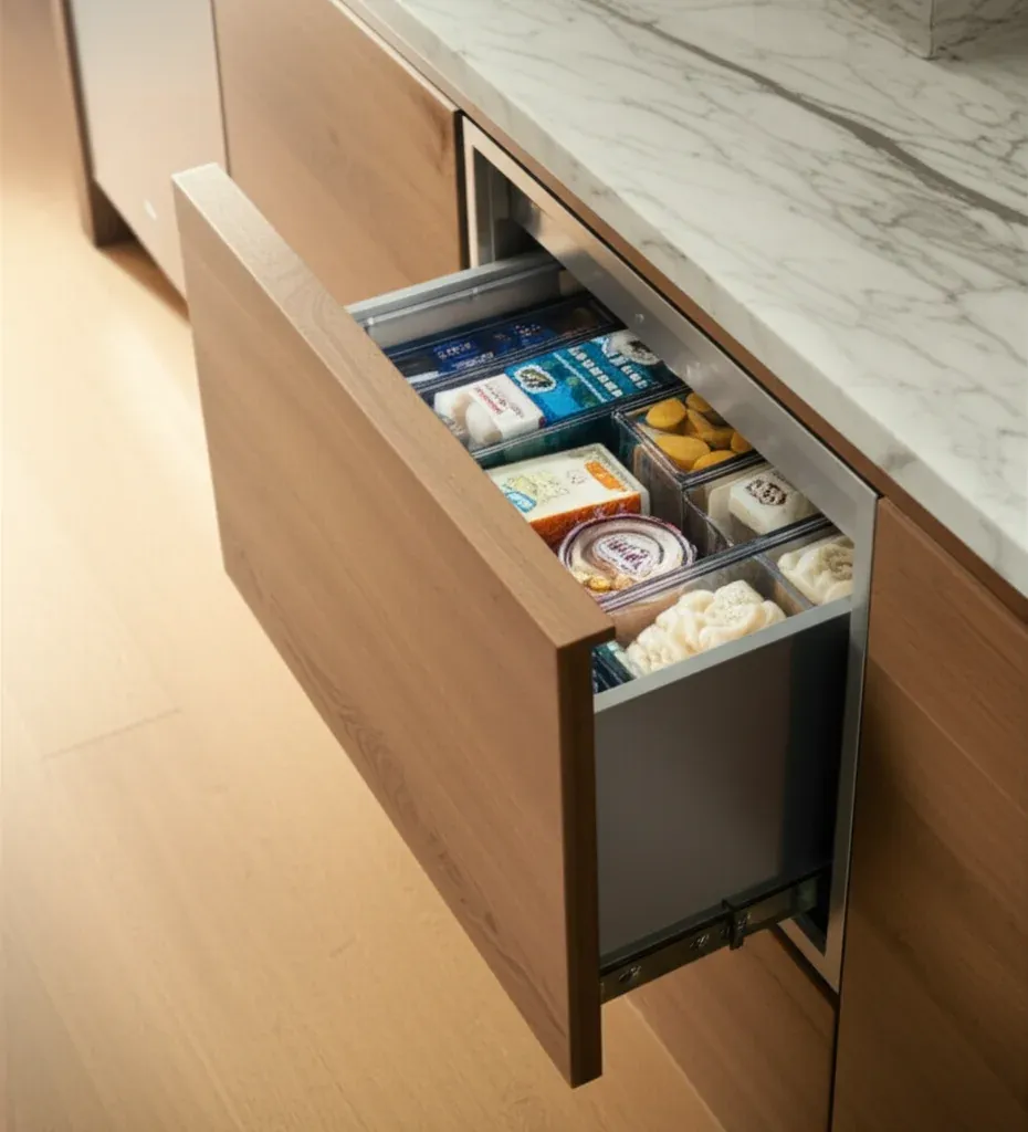A refrigerated drawer pulled fully open under a stone worktop, packed with covered containers and produce