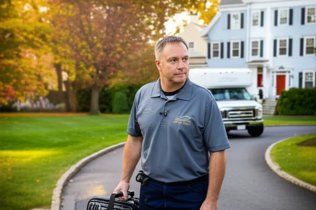 A man in a blue polo shirt carrying a case up a curved driveway, a white van parked behind him among autumn trees