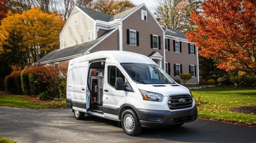 A white cargo van with its side door open, parked in the driveway of a grey clapboard house among red autumn foliage