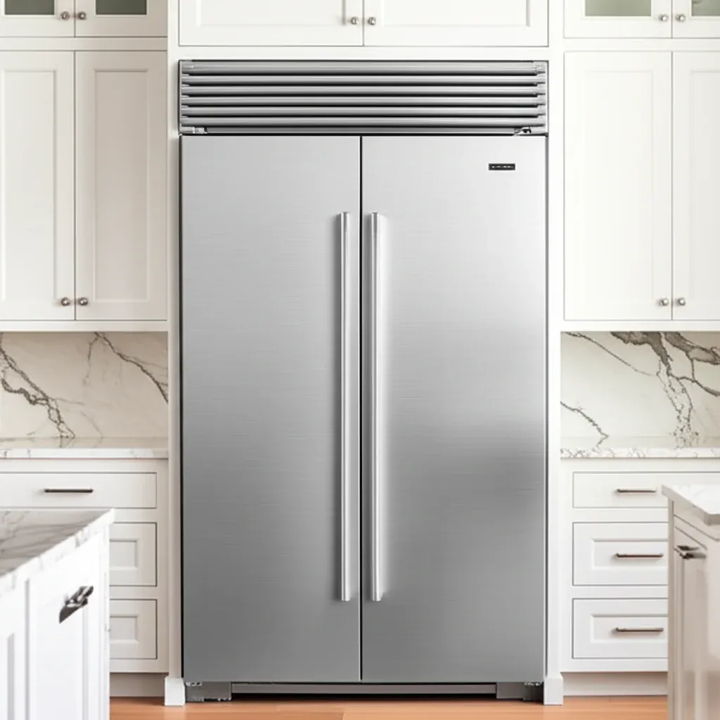 A large stainless side-by-side refrigerator built flush into white cabinetry between marble panels