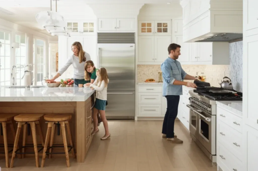 Two adults and two children in a bright kitchen, one at the island with a bowl and one at the range