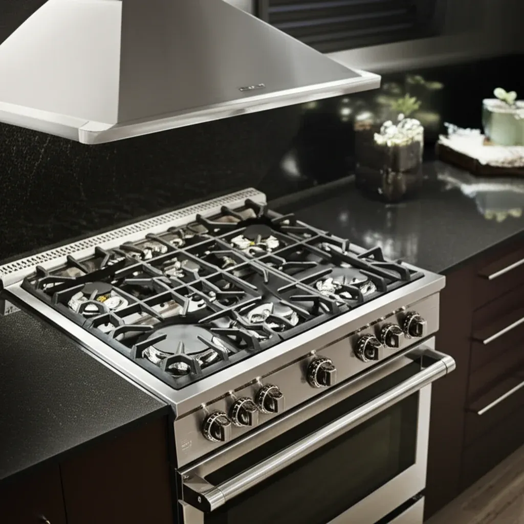 A close view of a stainless gas rangetop with cast-iron grates, set into a dark stone worktop
